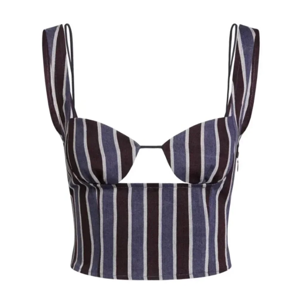 SOLD Lioness Odette Navy Stripe Denim Crop Tank Top (L) - Picture 1 of 9